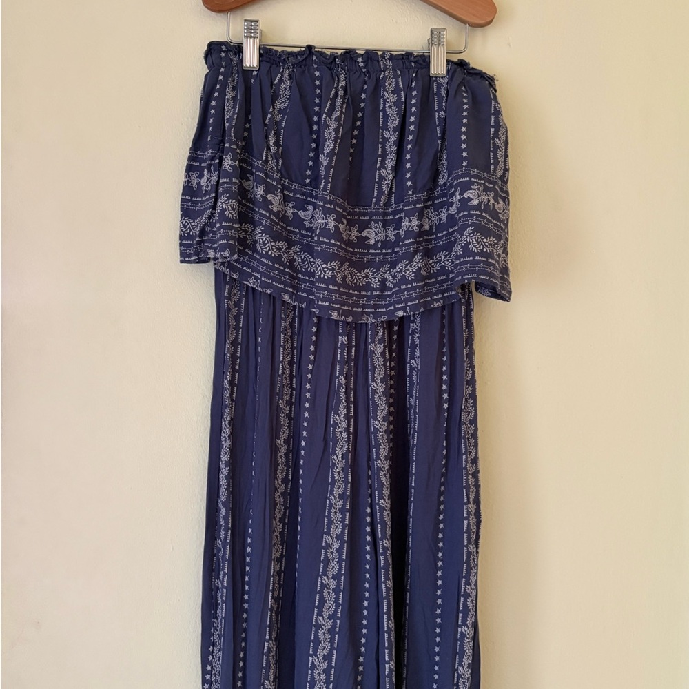 Blue and White Strapless Jumpsuit